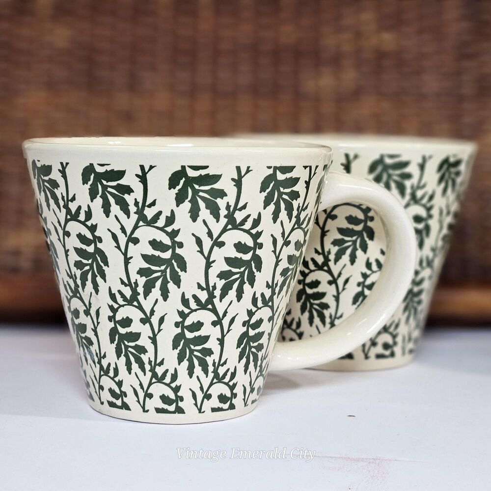 Vtg Roscher Ambiance Coffee Mugs Stoneware Green Cream Floral Leaves Cups